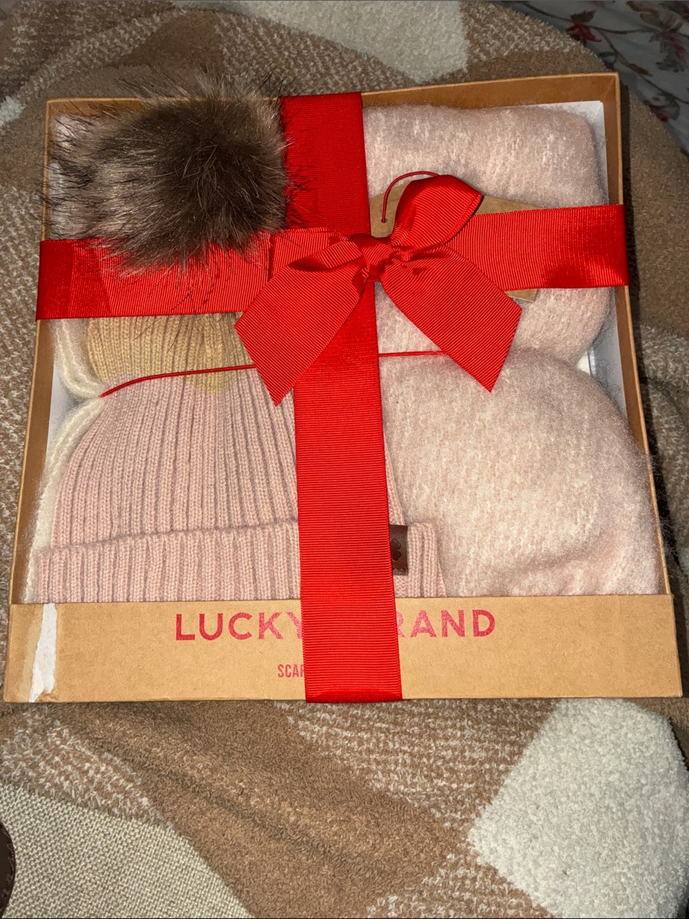 Lucky Brand Pink Knit Hat with Faux Fur Pom and Scarf Gift Set